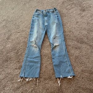 MOTHER Distressed Light Blue Flare Jeans